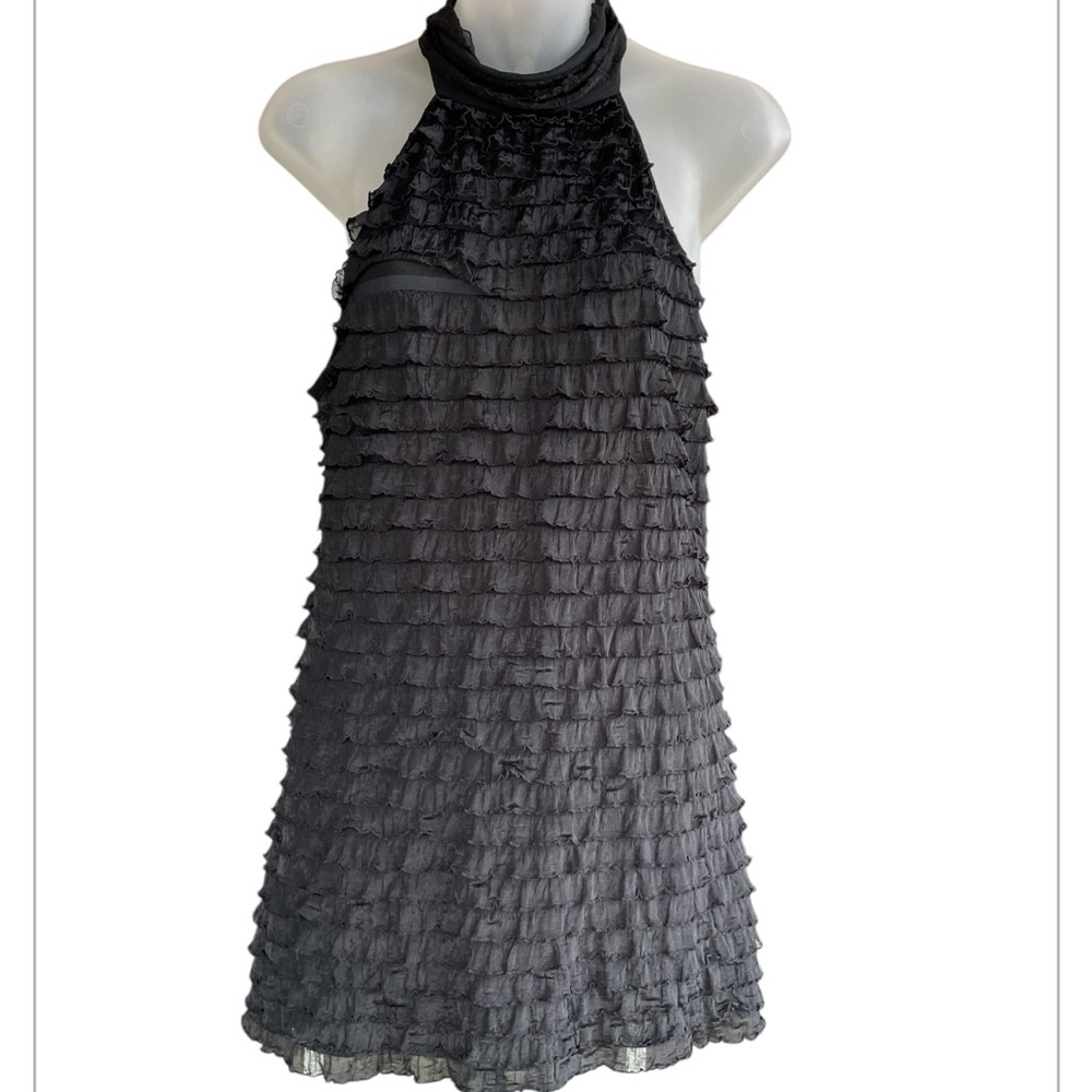 Black Sleeveless ruffle layered halter top mini dress club wear large